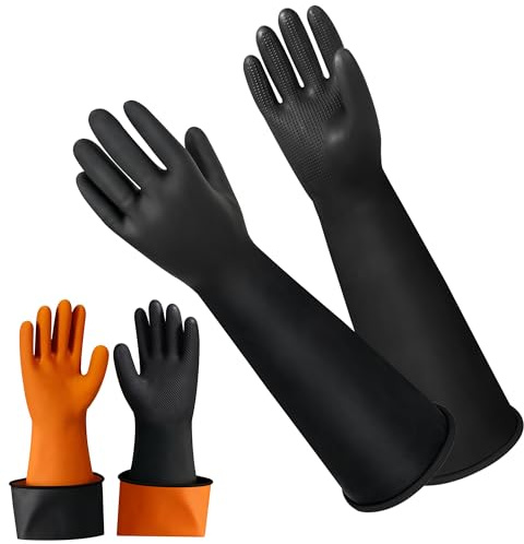 18 Heavy Duty Rubber Gloves, Black Rubber Gloves, Chemical Resistant Gloves, Resist Strong Acid, Alkali and Oil, Puncture Resistant, Waterproof Work Gloves Cleaning Drain PPE Gloves, Non-Slip, 1 Pair