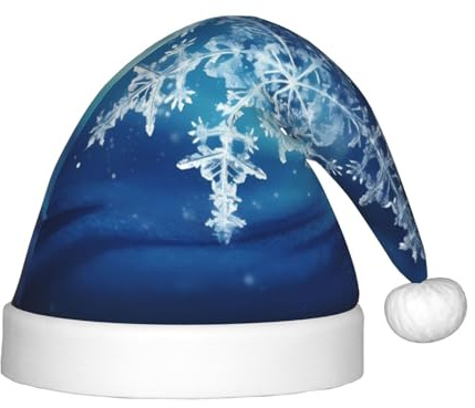 CHANGLEI Blaue Weihnachtsmütze mit Schneeflocke für Kinder, Allover-Druck, weiche Plüsch-Weihnachtsmütze mit Bommel, für Kinder im Alter von 4–12 Jahren, festliches Party-Accessoire