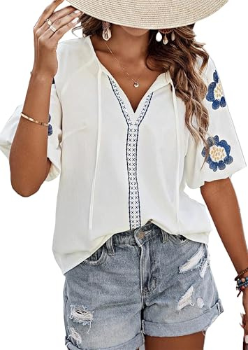 CXMSYY Womens Summer Blouses Floral Embroidered Puff Short Sleeve Shirts V Neck Boho Tunic Casual Blouse, Beige-L
