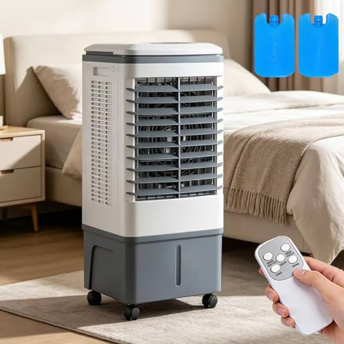 JGJSQYY Climatizador Evaporativo Portátil 20L | Enfriador de Aire Silencioso con 2 Bloques de Hielo Incluidos, Mando a Distancia, Temporizador 7.5H, 3 Velocidades, Oscilación, Bajo Consumo