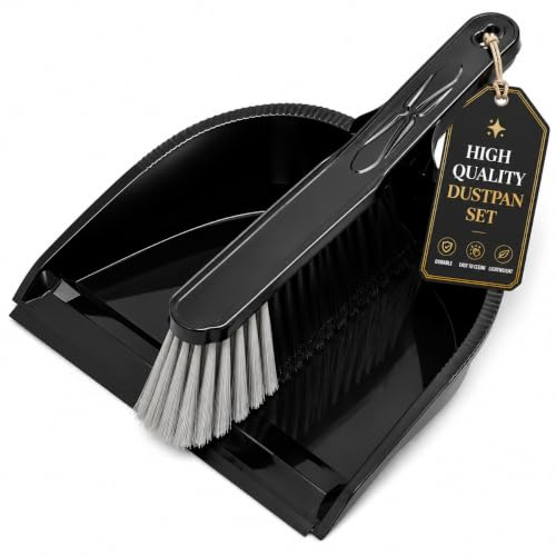 Dustpan and Brush Set Heavy Duty with Serrated Edge | Dustpan and Brush Set Heavy Duty Deep Pan Soft Dense Bristles Household Cleaning for Home Kitchen Office Garage