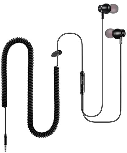 Extra Long Earbuds for TV & PC, with 12FT Spring Coiled Extension Cable, Volume Control & Mic, In-ear Wired Headphones for 3.5mm Audio Output Devices, ChanGeek CGS06