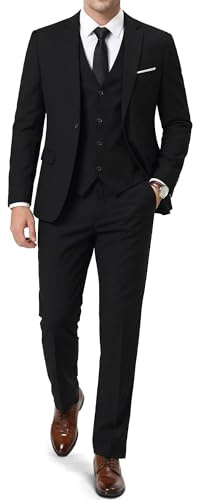 YND Men's 3 Piece Suit with Tie, One Button Solid Jacket Vest and Pants
