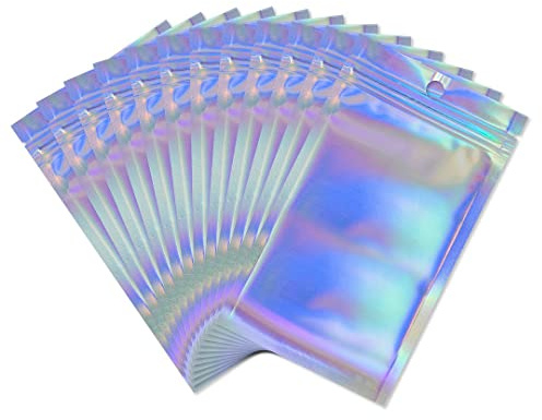 Rimiko 50 Pcs Sachet Holographique Refermable, Sac Mylar Alimentaire, Sachet Zip Aluminium, Sac Pochette Plastique Hermetique pour Emballage Echantillon et Stockage des Aliments (12x20cm)