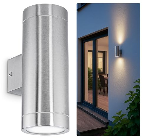 SSC-LUXon TIRA LED Wandlampe Up Down Außen 230V - mit 2x GU10 LED Strahler 3W neutralweiß - Aussenwandlampe Edelstahl IP44