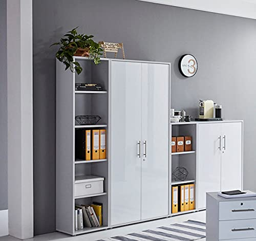 Schrankwand Office Edition abschliessbarer Aktenschrank Büroschrank Büromöbel Regal in Lichtgrau/Weiß Hochglanz (Set 4)