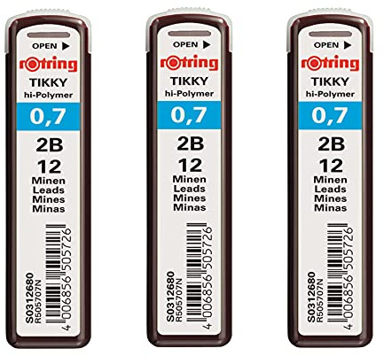 Rotring Tikky 0,7 mm 2B Hi-Polymer starke dunkle Bleistiftminen für Druckbleistifte – insgesamt 36 Minen – 3 Tuben