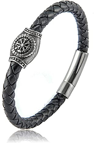 DPGOLDP Wikinger Rune Vegvisir Armband, Gotisch Stil Armreif Aus Geflochtener Lederschnur, Edelstahlschmuck Für Herren