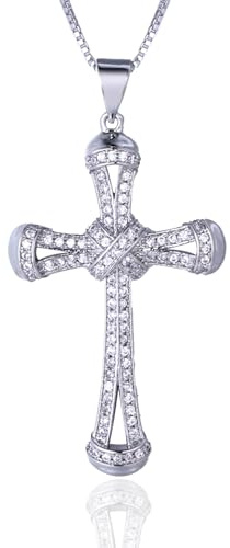 HALUKAKAH Collier Pendentif Croix pour Garçons, Enfants et Adolescents, 1,0 ct de Diamants Cultivés en Laboratoire, Plaqué Or Blanc Platine 925 Argent Sterling, Chaîne 40cm, Bijoux Religieux de Luxe