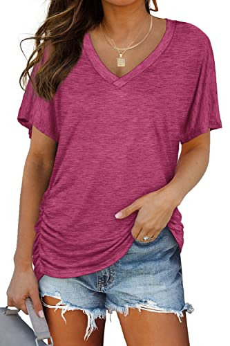 Womens Short Sleeve Shirts Tshirts V Neck Plus Size Tops Summer Outfits Oversized Tshirts Fuchsia XXL