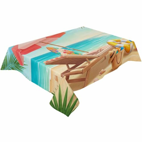 TocaHome Table Cloth Linen Waterproof Table Cover Anti-Wrinkle Tablecloth Summer Sandbeach Umbrella Deckchairs Ocean Palm Pattern Tabletop Covers for Dinning Restaurant Cafe 60x84 Inch