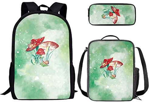 Binienty Kids Fashion Print Rucksack für Mädchen Schule Büchertasche für elementare 3 in 1 Schulranzen Sets mit Lunch Tote Bleistifttasche, Pilz-7, Einheitsgröße
