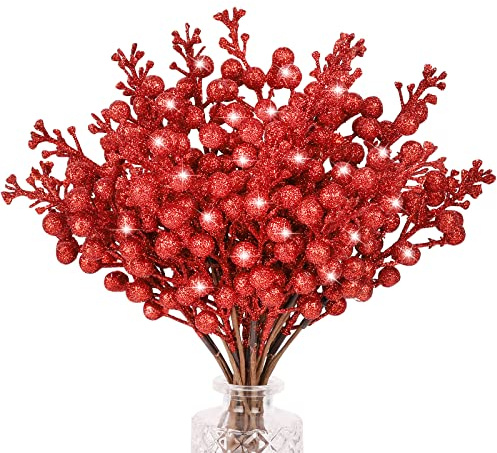 N&T NIETING 24 decorazioni natalizie a bacche rosse, 24,9 cm artificiali glitter bacche, bacche di agrifoglio artificiali per la creazione di corone, forniture per la decorazione dell'albero di Natale
