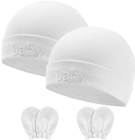 Aolso Neugeborenes Baby Mütze,4 Stück Baby Hut und Handschuhe Set, Baumwolle Baby Mütze, Baby Mütze Jungen Mädchen,Warme Babymütze für Neugeborenes-Weiß