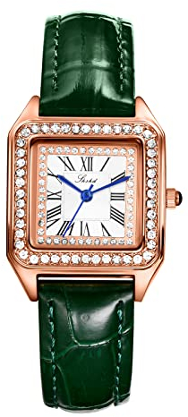 JewelryWe Uhren Damen Analog Quarz 30m wasserdichte Armbanduhr Klassisch Quadrat Strass Römische Ziffern Leder Band Geschäfts Beiläufige Uhr für Frauen Mädchen Grün