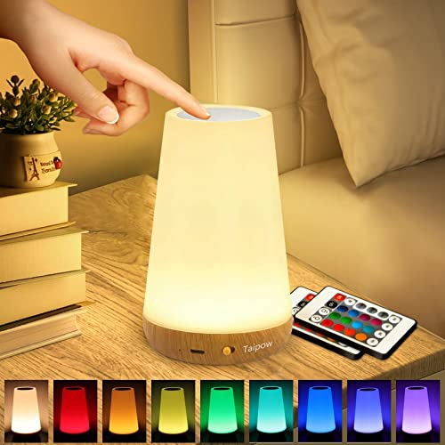 Taipow Nachttischlampe Touch Dimmbar, LED Nachtlicht 13 Farben/5 Helligkeitsstufen, Kabellose Tischlampe USB Aufladbar mit Timing Funktion, Schlafzimmer Kinderzimmer - 2xFernbedienung