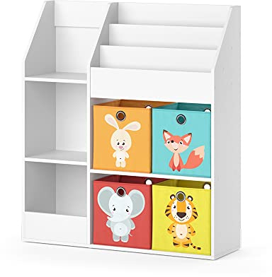 Vicco Kinderregal Luigi, Weiß, 100.4 x 114.2 cm | mit 4 Faltboxen (bunt), zur Aufbewahrung von Spielzeug und Büchern kombinierbar