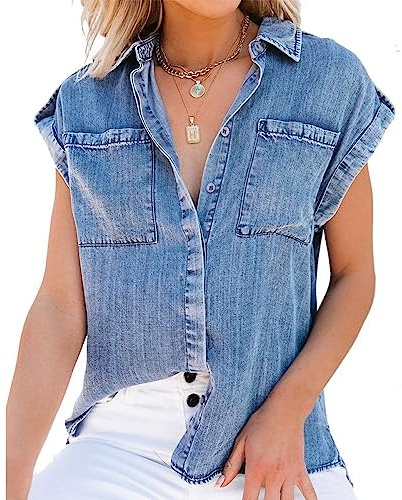 TOMPPY Womens Summer Tops,Women Denim Blouse Summer Vintage Wash Faded V Neck Shirts Tops Casual Loose Button Down Sleeveless Blouses Tunic Tops Distressed Chambray Jean Western Shirts,Light Blue,S