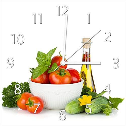 Wallario Design-Wanduhr Frische Salatzutaten mit Kräuter-Öl - Tomaten, Gurke, Petersilie aus Glas, Motiv-Uhr Größe 30 x 30 cm, weiße Zeiger