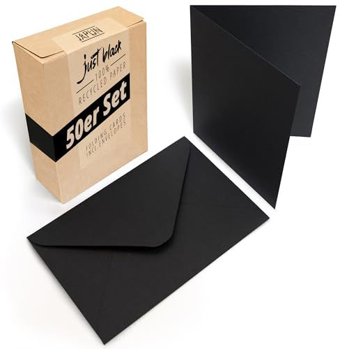 Japun - Set di 50 biglietti pieghevoli vuoti comprese buste, carte pieghevoli per la progettazione, l'etichettatura o la stampa - DIN A6 / C6 - nero