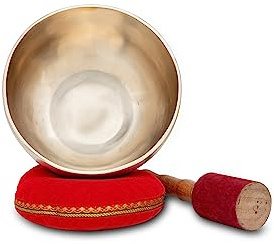 XDrum Therapeutic Klangschale Ton A / 650 g Komplett Set, Ca. 650 g schwer | Handgehämmerte Klangschale für Stirnchakra (Ajna), Gestimmt auf Ton A, Legierung aus 7 verschiedenen Metallen, Farbe: gold