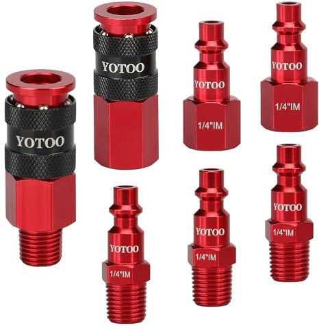 YOTOO 7 Pieces Universal Air Coupler and Plug Kit, Quick Connect Air Hose Fittings, Heavy Duty Aluminum Air Fittings, Lightweight, Push to Connect air tools and air compressor, Red