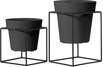 Nicoli Set 2 Stück Blumentöpfe Höhe 20 cm und 16 cm Säule, rechteckig, Metall, schwarz, für Blumen, Dekoration für Zuhause und Büro, geometrische Aussteller mit Vasen Durchmesser 16 cm und 14 cm
