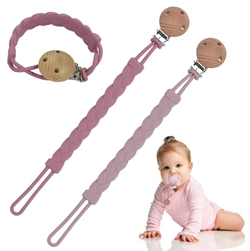 Schnullerkette aus Silikon, Kizaten 2er-Pack Schnullerband, Schnullerkette Jungen und Mädchen, Pacifier Clip Chain, Hält Schnuller Sauber, Weiche, Flexible (Lila/Rosa)