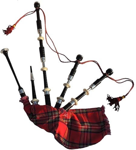 Cornamusa con ghiere in nichel incise, scivoli e supporti in finto avorio, cornamusa scozzese per studenti, kit completo di base con guida per principianti (Royal Stewart Tartan)