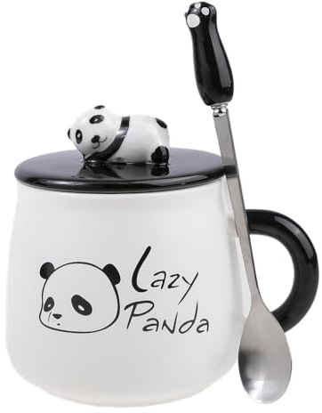 Lachineuse TASSE COLLECTION PANDA - PANDA PARESSEUX - Avec Couvercle et Cuillère - Contenance : 425 ml - Porcelaine, Métal - Noir, Blanc - Café, Thé, Chocolat - Idée Cadeau Japon Asie