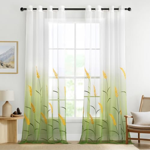 MIULEE Cortinas Bordadas Gradiente Blanco con Ojales Cortinas de Dormitorio Estilo Moderno 140 * 245cm, Verde