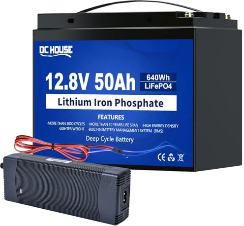 DCHOUSE 12V 50Ah Lithium LiFePO4 Batterie mit 10A Batterie Ladegeräte, integriertes BMS, mehr als 4000 Zyklen, perfekt für Boot, Marine, Trolling Motor, Camping, Solaranlage,Wohnmobil, Fischfinder