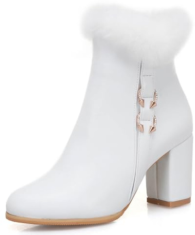 OALEEN Bottines Fourrures Femme Hiver Chaude Talon Haut Carré Bloc Bout Rond Effet Cuir Soirée Low Boots Chaussures Blanche 38