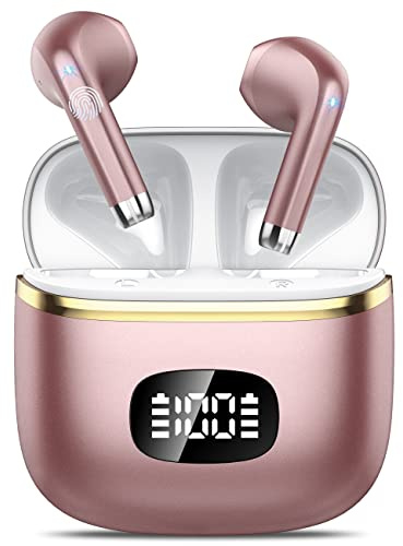 POMUIC Cuffie Bluetooth, Auricolari Bluetooth 5.4 Immersivo HIFl Sound Quality con 4 ENC Mic, Display di Potenza a LED, 40H Riproduzione, Impermeabile IPX7, Auricolari per IOS Android, Rosa chiaro