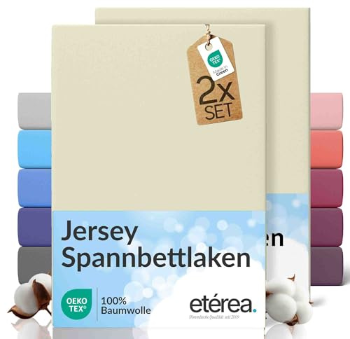 etérea Jersey 2er Set Spannbettlaken 180x200cm - 200x200cm Natur bis 25 cm Höhe - 100% Baumwolle Spannbetttuch Oekotex - Doppelpack Bettlaken 180x200 cm - 200x200 cm - Creme