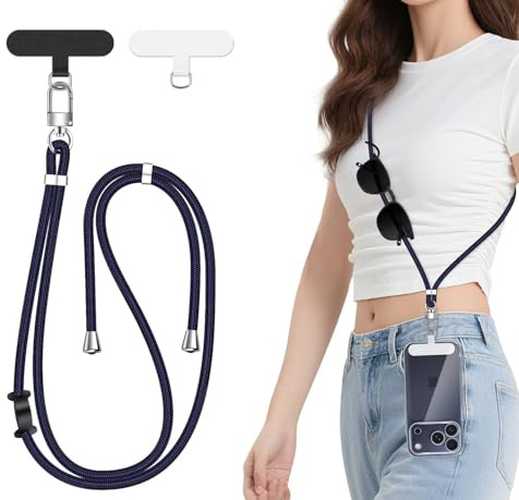 ivoler Cordon para Movil Universal, Cuerda para Movil Ajustable con 2 Parches Duraderos y Lazo de Cuero Negro, Compatible con Todos Los Teléfonos Inteligentes y la Mayoría de los Funda
