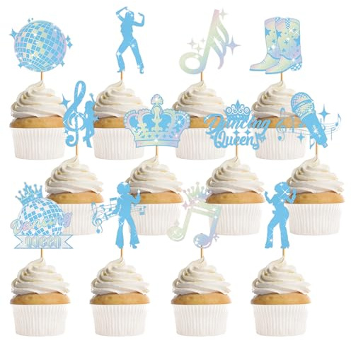 24 Pcs Dancing Queen Cupcake Toppers, Glitter Disco Music 17th Birthday Party Cupcake Picks for Teen Girls, Blue Retro Dance Themed Party Supplies (12 Designs)