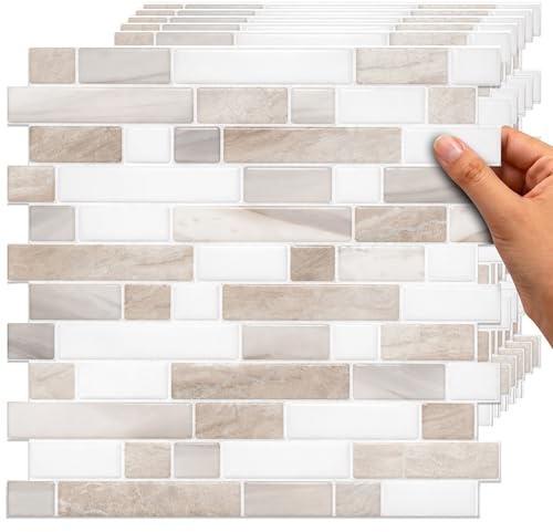 TradeDownCo - Piastrelle da parete autoadesive (10 fogli), più spesse, autoadesive, di alta qualità, per cucina, bagno, lavanderia e altro ancora, 30 x 30 cm, bianco lucido e beige