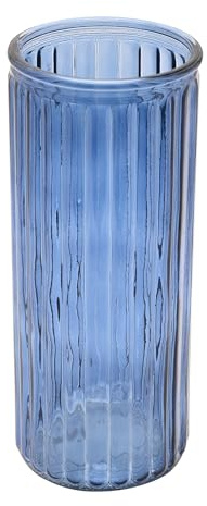 Hestia Glass Vase – Blue – Tall Cylindrical Ribbed Vase – Elegant Home Décor for Fresh or Artificial Flowers – Modern & Traditional Interiors - H: 24cm x W: 10cm.