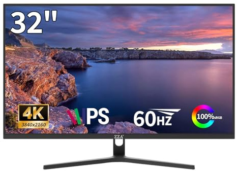 ZZA Computer Monitor 32 Inch Gaming Monitor 4K UHD (3840×2160p) Ultra-Clear IPS Screen, 100% sRGB, HDR10, 178° Viewing Angle, Display Port/HDMI, Compatible with Wall mounting 75 * 75MM