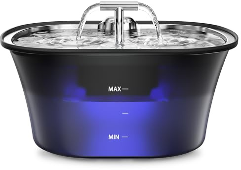 BalimoPet Fuente para Gatos, 2,5L Inoxidable Bandeja para Beber, Fuente Gatos Ultra Silencioso con LED Incorporado y Filtro de Carbón Activado, Fácil de Limpiar, Diseño de Doble Salida