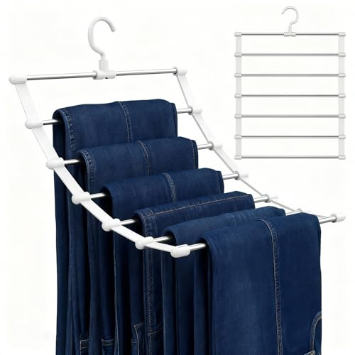 Perchas Pantalones Ahorra Espacio 1 Piezas Percha Pantalones Multiple Acero Inoxidable 6 en 1 Organizador de Armario Percha para Faldas, Bufandas, Vaqueros, Toallas, Cinturones y Corbatas