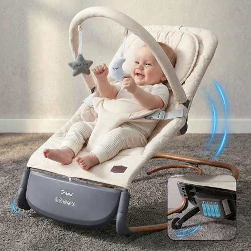 Elektrisk babysängstol, Evolutionär elektrisk babygunga med tappningssensor, 3 hastigheter och pekpanel, 2 timerlägen (30/60 min), 8 vaggvisor, 0-30 månader, till 18 kg, off-white