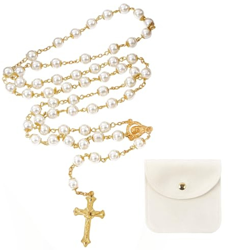 Hpbaggy Kommunion Rosenkranz Halskette Perlen Mit Samt Geschenkbeutel Katholisch Rosenkranz Kette Jesus Kreuz Gebetskette Christlich Rosary Chain Geschenke Für Frauen und Männer Mädchen Jungen