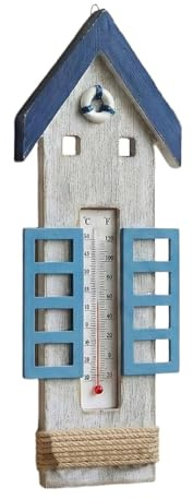 Kuntesetty Wandthermometer Holz Hängende Temperaturanzeige Skulptur Dekorative Temperaturmessung mit Nautischem Motiv für Eingang Garten Schule Schlafzim, Mehrfarbig, Haus 30x10 Cm