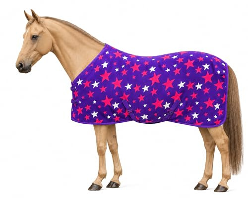 Brama-West Fleece Abschwitzdecke Pferd mit Sternen – Anti-Pilling Pferdedecke Atmungsaktiv mit Kreuzgurten (Lila, 165)