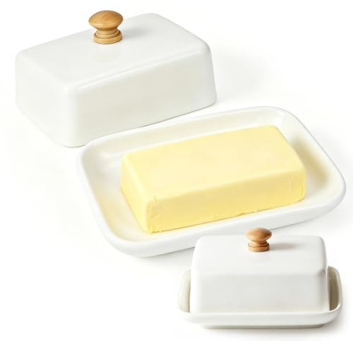 Mantequillera de cerámica con tapa, para mantequilla de 250 g, caja de mantequilla blanca para frigorífico y mesa, campana de mantequilla, apto para lavavajillas, cocina, desayuno y hogar