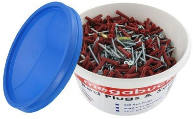 Megabucket Screws, Wall Plugs & Pozi's. Tub of 500. Red plugs & screws. 8 x 1 1/2. Complete with Driver bits. MTB