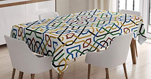 ABAKUHAUS marocain Nappe, Marrakech Motif, Linge de Table Rectangulaire pour Salle à Manger Décor de Cuisine, 140 x 240 cm, Blanc Marron Bleu