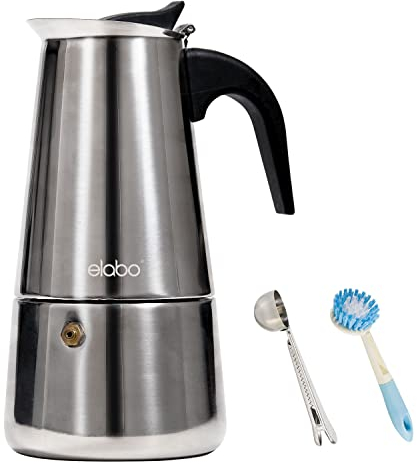 elabo Stovetop Espreeso Machine and Moka Pot for Gas or Electric Ceramic Stovetop, Italian Espresso Coffee Shot Maker for Italian Espresso, Cappuccino and Latte, Stainless Steel, 10 Cups
